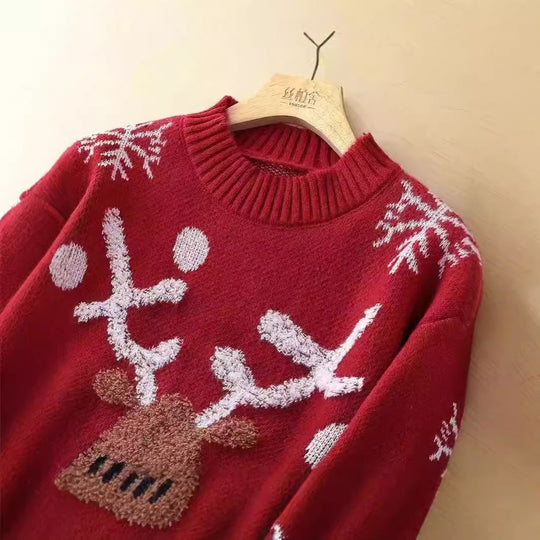 Damen festlicher Strickpullover mit Rentier-Motiv und Schneeflocken R&B