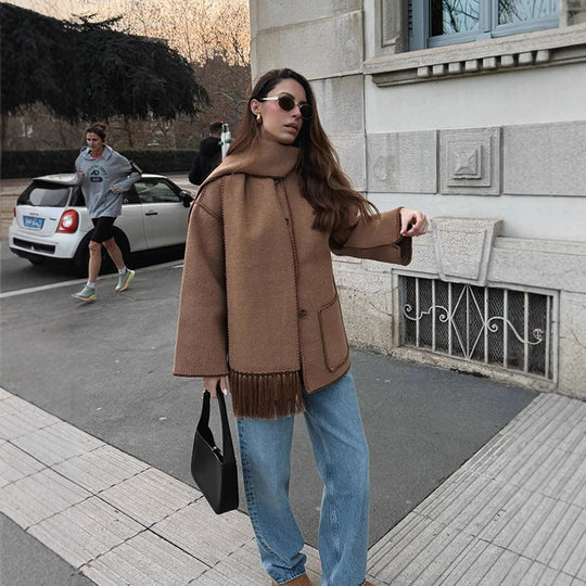 Damen oversized Mantel mit Fransendetails R&B