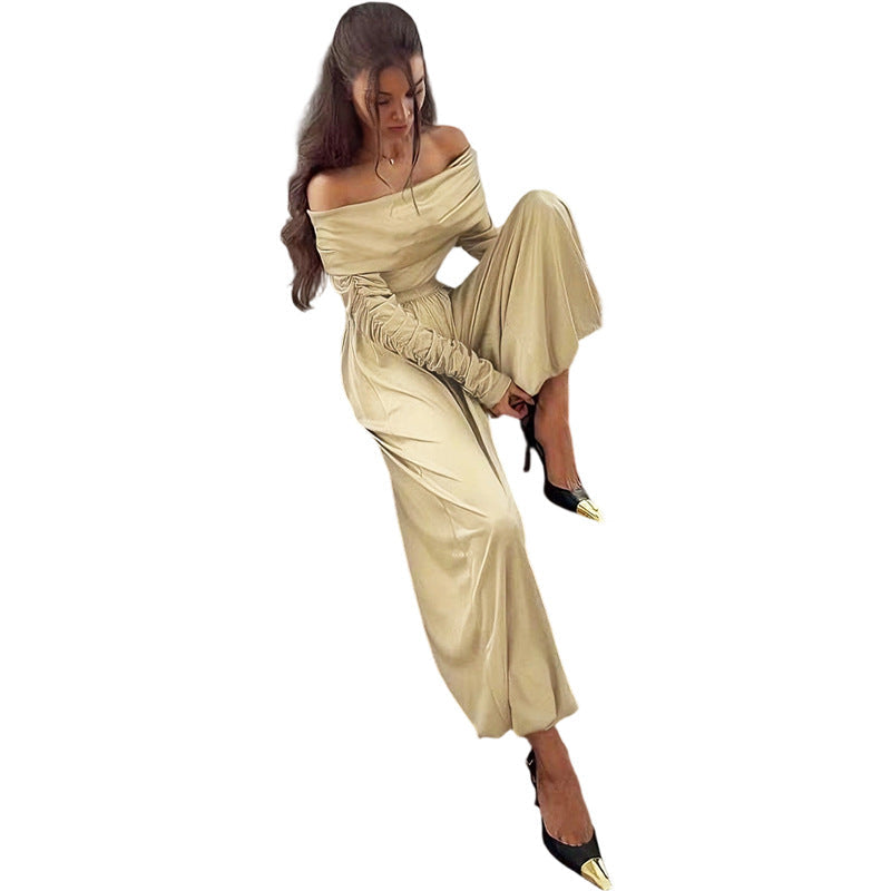 Damen Off-Shoulder Overall mit Raffungen und weitem Bein R&B