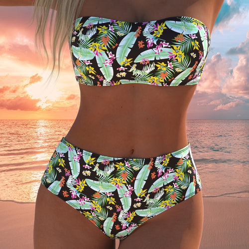 Damen Bandeau-Bikini mit hochgeschnittenen Pants und buntem Bedruck R&B