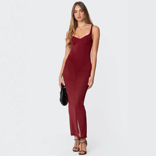 Damen Maxikleid mit figurbetonendem Schnitt und transparenten Einsätzen R&B