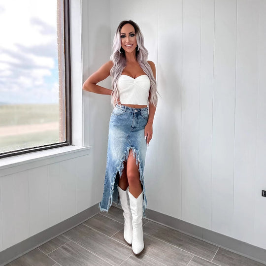 Damen Jeansrock mit asymmetrischem Schlitz und Fransensaum R&B