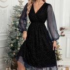 Damen Glamouröses Midikleid mit transparenten Puffärmeln und schimmerndem Paillettenmuster R&B