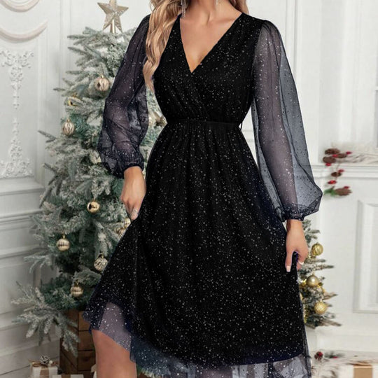 Damen Glamouröses Midikleid mit transparenten Puffärmeln und schimmerndem Paillettenmuster R&B