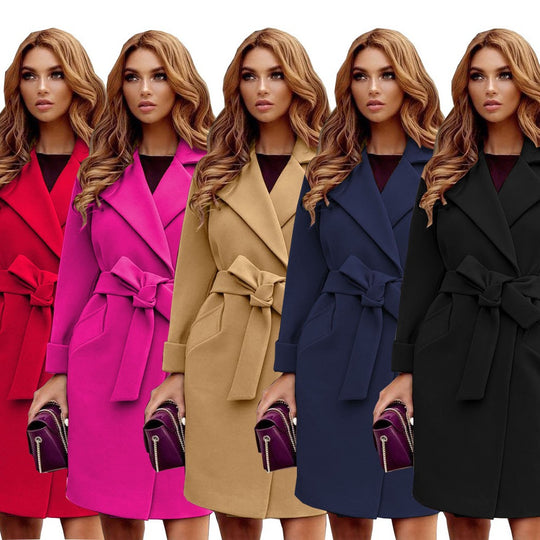 Damen eleganter Trenchcoat mit Gürtel und Taschen R&B