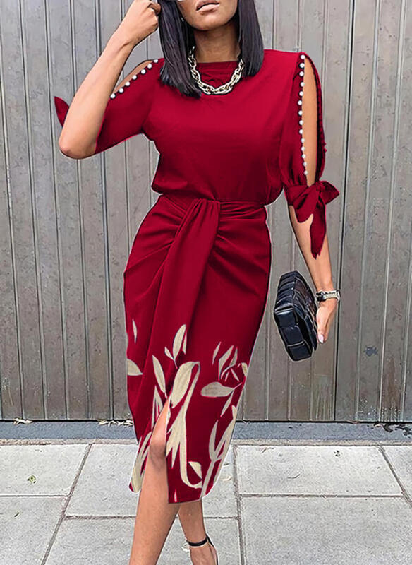 Damen Midikleid mit elegantem Bindegürtel und modischen Cut-Out-Ärmeln R&B