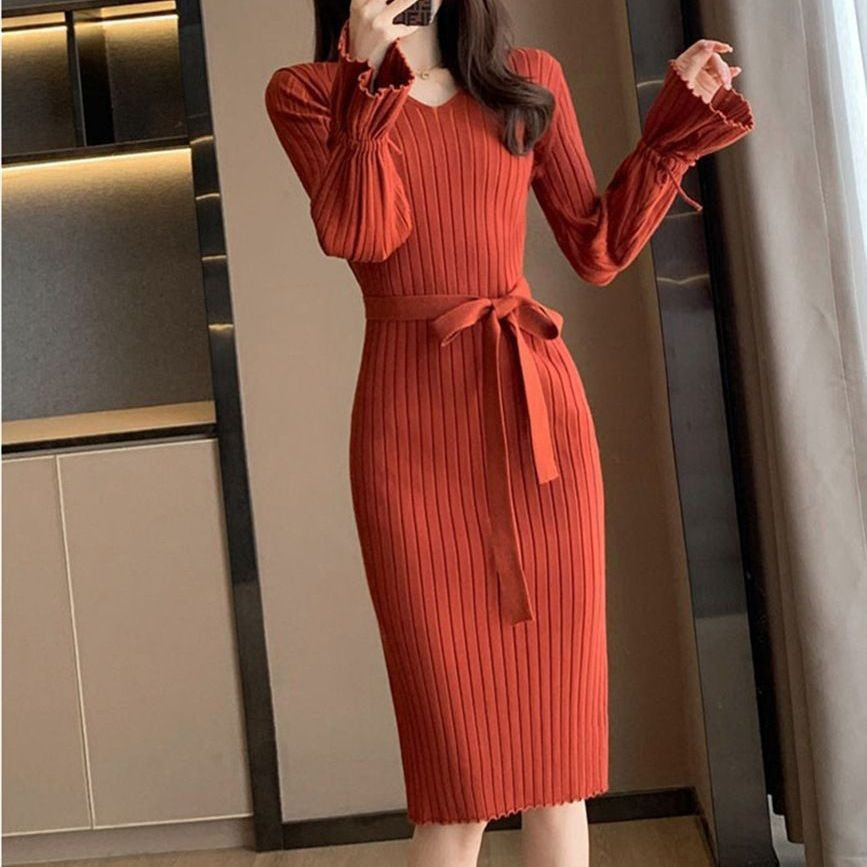 Damen Figurbetontes Maxikleid mit Bindegürtel und Rippstruktur R&B