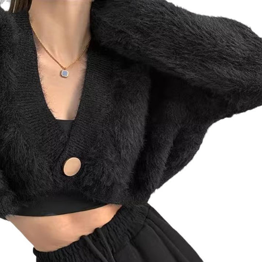 Damen cropped Strickjacke mit voluminösen Ärmeln und Knopfdetail R&B