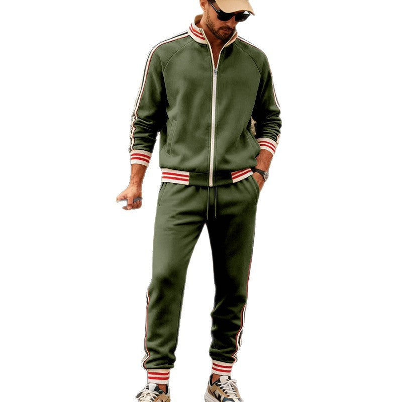 Herren nan sportiver Trainingsanzug mit gestreiften Rippbündchen, Reißverschlussjacke und tapered Jogginghose R&B