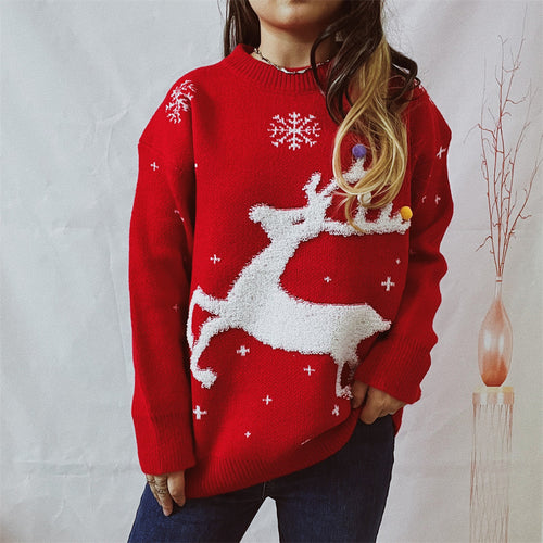 Damen festlicher Pullover mit kreativem Rentier-Motiv und strukturiertem Strick R&B