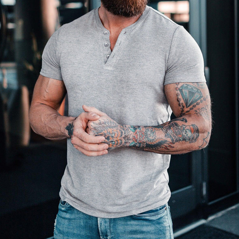 Herren Kurzarm-Henley-T-Shirt aus atmungsaktiver Baumwolle mit dekorativer Knopfleiste R&B