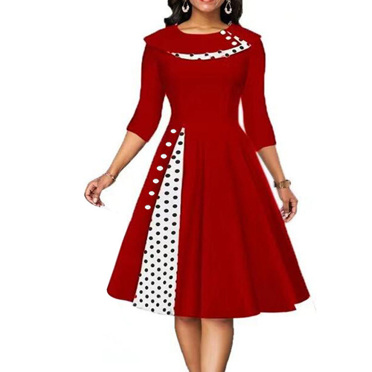 Damen Elegantes Midi-Kleid mit Punkten und seitlicher Kontrastdetail R&B