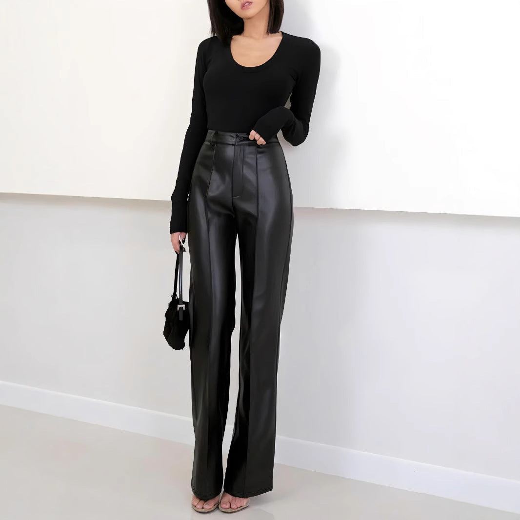 Damen Elegante High-Waist Kunstleder-Hose mit weitem Bein R&B