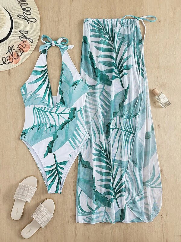 Damen Set aus einem einteiligen Badeanzug mit floralem Design und passendem Sarong R&B