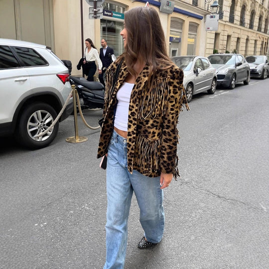 Damen Leoparden-Wildlederjacke mit Fransen und modischem Schnitt R&B