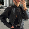Damen Edle Kunstlederjacke mit modernem Stehkragen und kontrastierenden Nähten R&B