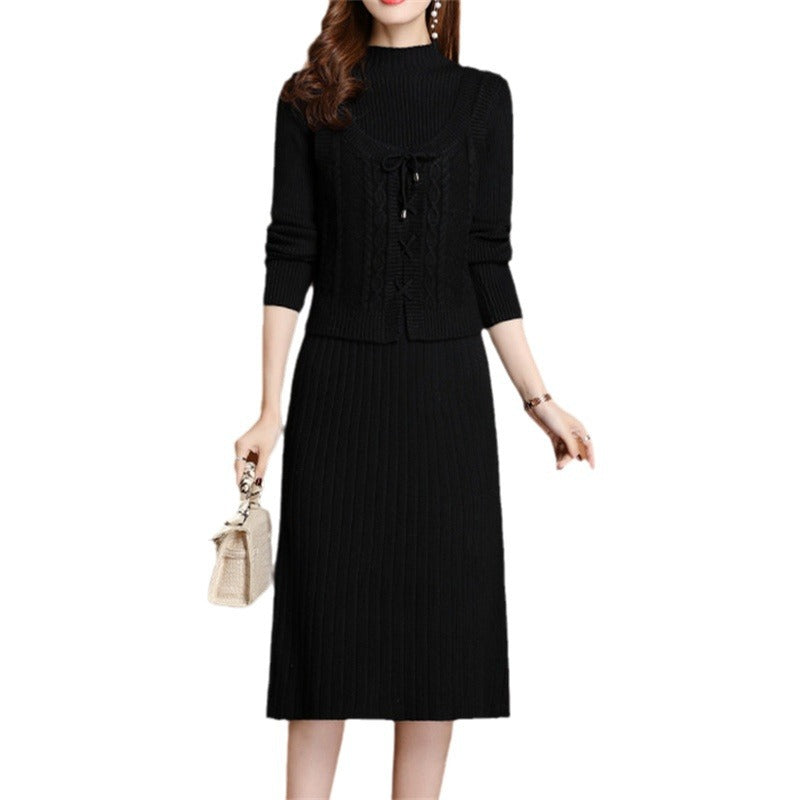 Damen elegantes Strickkleid mit hochgeschlossenem Kragen und dekorativem Zopfdesign R&B