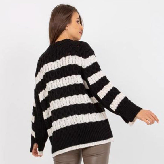 Damen Grobstrickpullover mit modischem Streifenmuster und voluminösen Ärmeln R&B