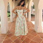 Damen Blumendesign Midi-Kleid mit Spaghettiträgern und fließendem Rock R&B