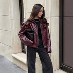 Damen modische Kunstlederjacke mit elastischem Bund