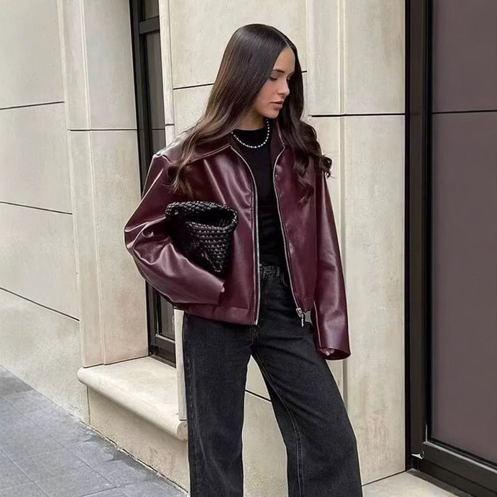 Damen modische Kunstlederjacke mit elastischem Bund