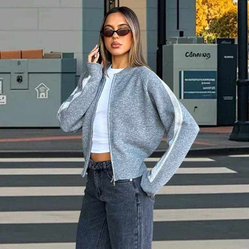 Damen sportlicher Strickpullover mit modischem Streifenmuster R&B