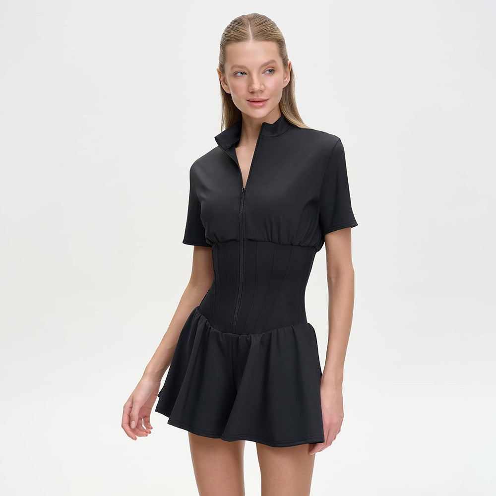 Damen sportive Kurzoverall mit hohem Kragen und Reißverschluss R&B