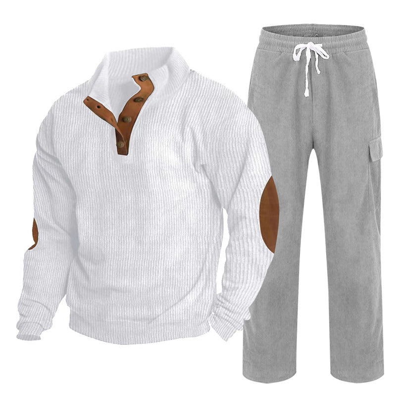 Herren nan Strick-Freizeitset mit Knopfleiste und Ellenbogenaufnähern sowie Cord-Cargohose R&B