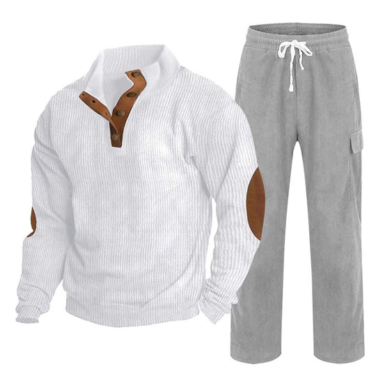 Herren nan Strick-Freizeitset mit Knopfleiste und Ellenbogenaufnähern sowie Cord-Cargohose R&B