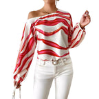 Damen Off-Shoulder Bluse mit voluminösen Ärmeln und maritimem Wellenmuster R&B