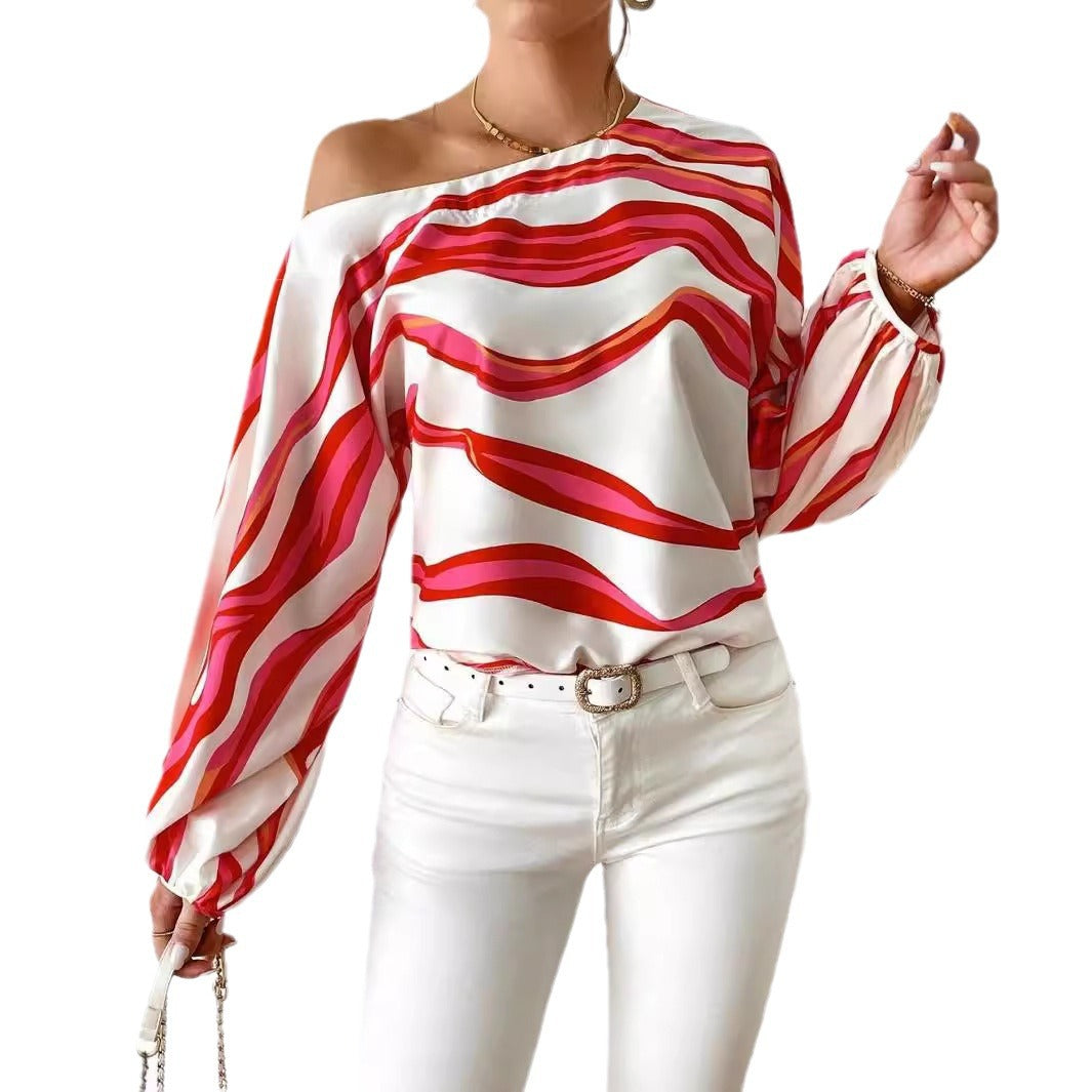 Damen Off-Shoulder Bluse mit voluminösen Ärmeln und maritimem Wellenmuster R&B