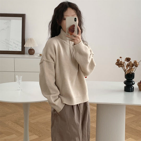 Damen Kurzpullover mit Stehkragen und Reißverschluss R&B
