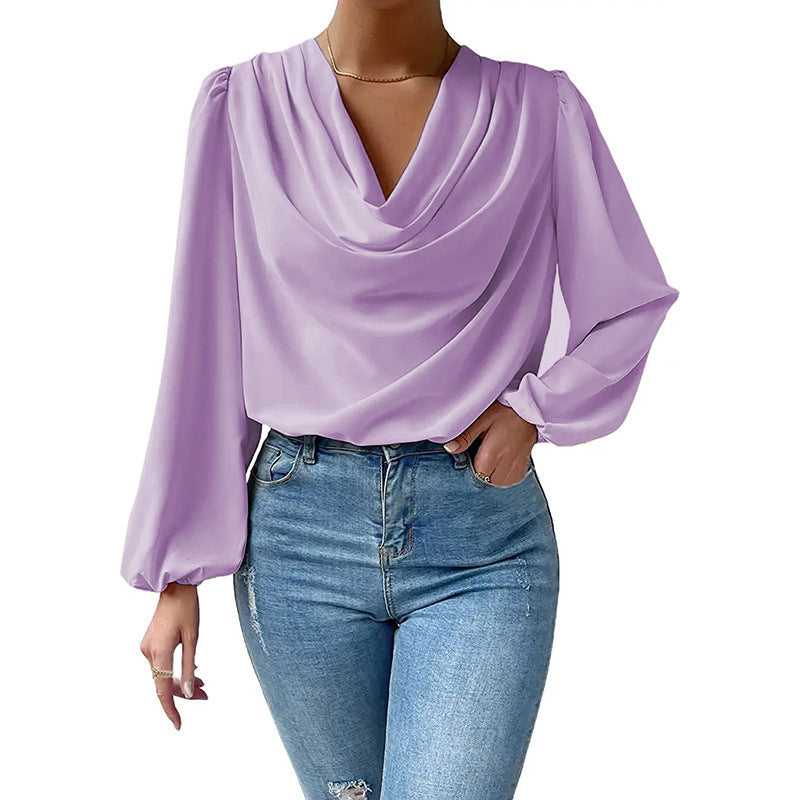Damen elegante Bluse mit asymmetrischem Halsansatz und langen Ärmeln R&B