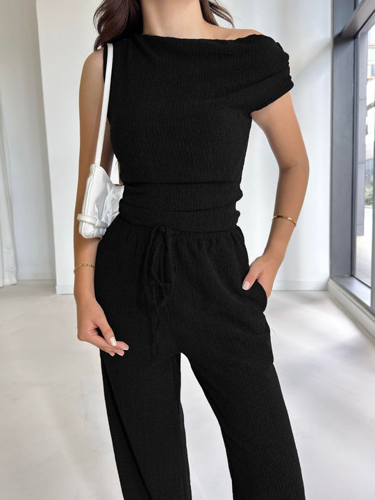 Damen Off-Shoulder Jumpsuit mit elastischem Bund und lässigem Schnitt R&B
