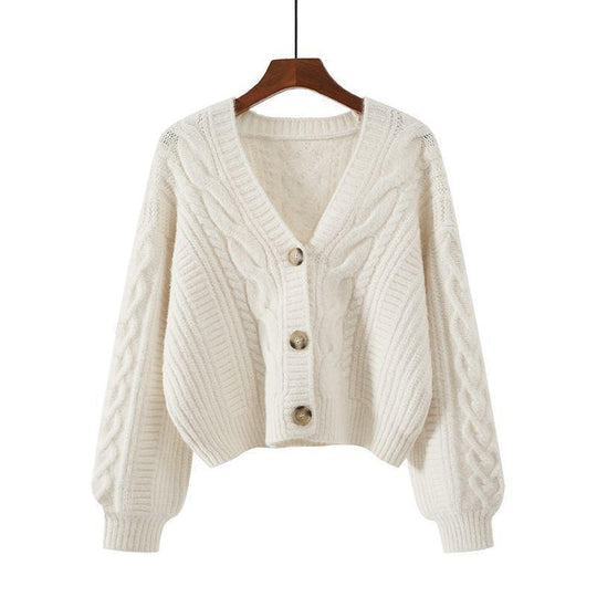 Damen Strickjacke mit ausgefallenem Zopfmuster und tiefem V-Ausschnitt R&B