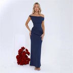Damen figurbetontes Maxikleid mit schulterfreiem Design und Raffungselementen R&B