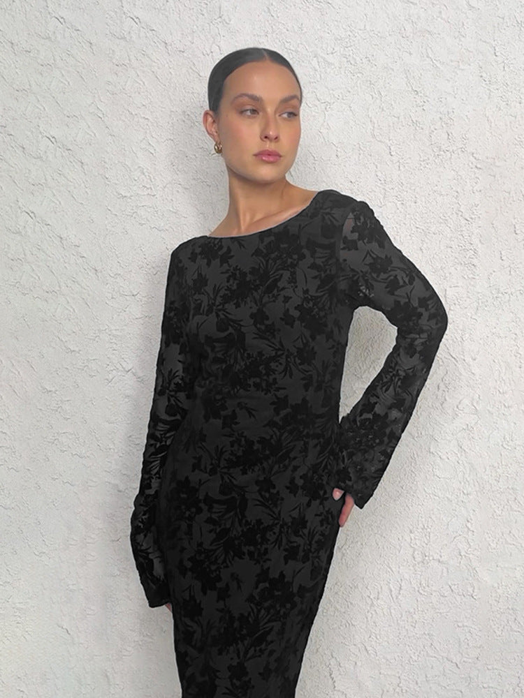 Damen Elegantes Langarmkleid mit floralen Mustern und figurbetonter Silhouette R&B