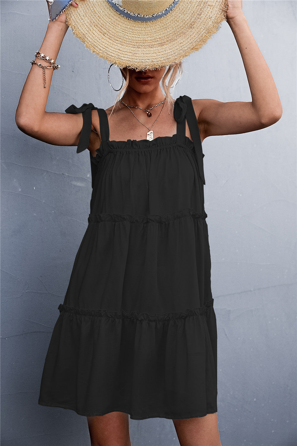 Damen luftiges Sommerkleid mit Rüschendetails und verstellbaren Trägern R&B