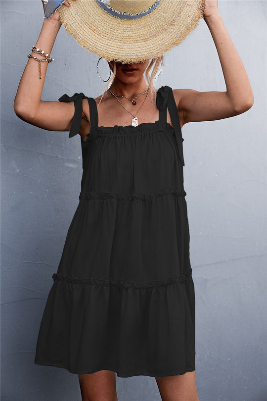 Damen luftiges Sommerkleid mit Rüschendetails und verstellbaren Trägern R&B