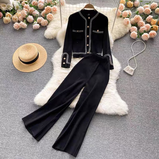 Damen elegantes Strick-Loungewear-Set mit feinen Knopfdetails und weitem Bein R&B