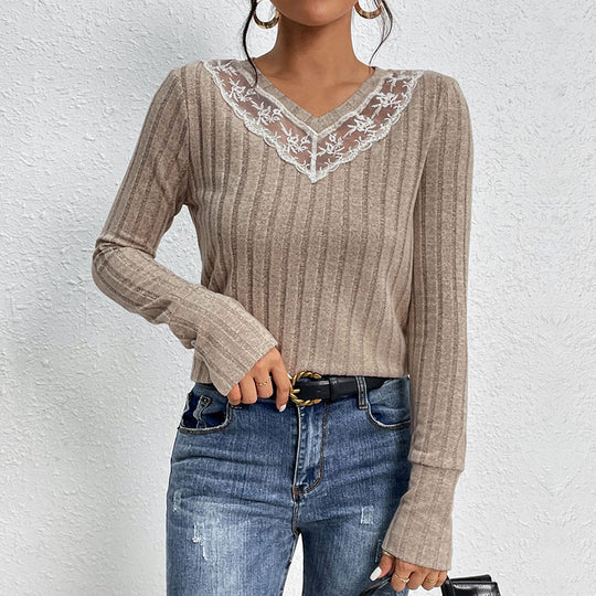 Damen Langarmshirt mit elegantem Spitzenkragen R&B