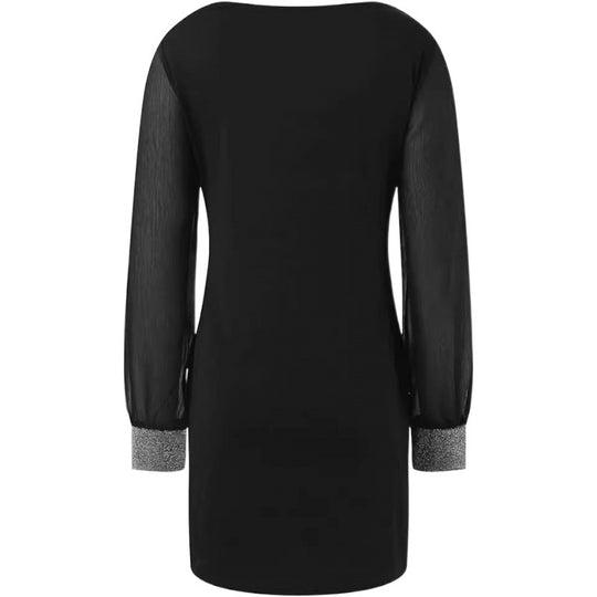 Damen Elegantes V-Ausschnitt Minikleid mit transparenten langen Ärmeln und Edelsteinakzenten R&B