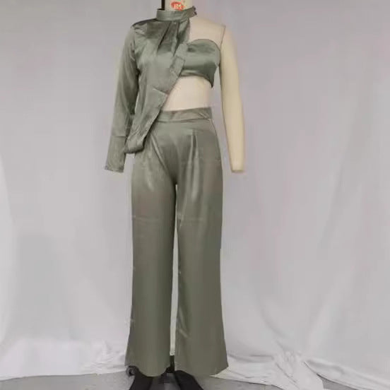 Damen Elegantes Zweiteiliges Set mit asymmetrischem Oberteil und weit geschnittener Hose R&B