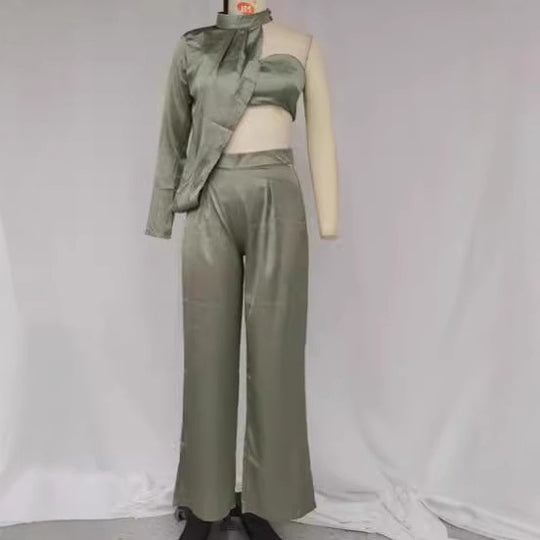 Damen Elegantes Zweiteiliges Set mit asymmetrischem Oberteil und weit geschnittener Hose R&B