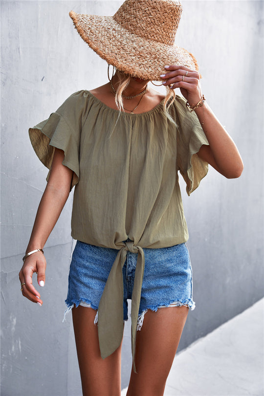 Damen luftiges Blusenshirt mit verspieltem Knoten und voluminösen Ärmeln R&B