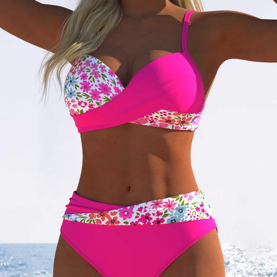 Damen Bikini-Set mit floralem Wickelmuster und bequemen High-Waist-Höschen R&B