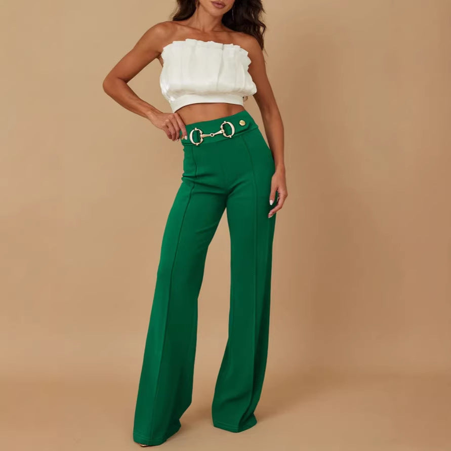 Damen weite Hochtaillenhose mit dekorativem Gürtel und eleganter Nahtführung R&B