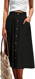 Damen Knielanger Rock mit Knopfverschluss und seitlichen Taschen R&B