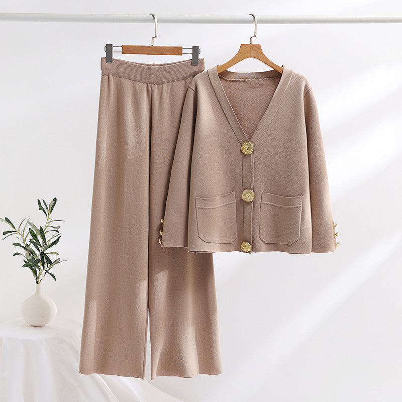 Damen elegantes Strick-Loungewear-Set mit weiten Bein und schönen Knöpfen R&B
