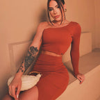 Damen asymmetrisches Crop-Top und figurbetonter Minirock-Set EB
